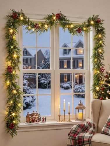 6FT Pre-Lit Christmas Garland with Lights - Battery Operated, Warm White LED, Timer
