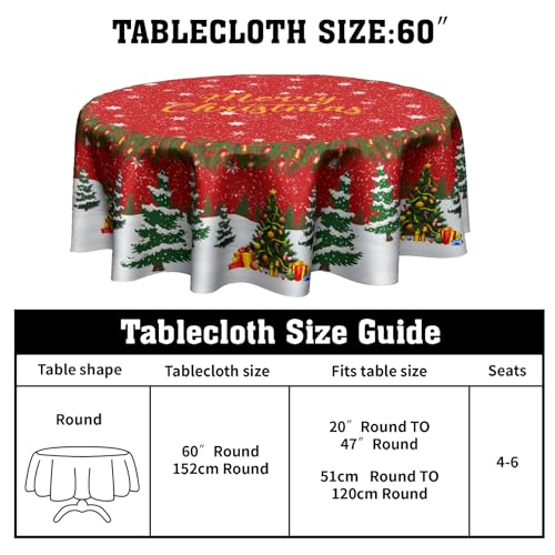 Kawani Christmas Red Tablecloth 60 Inch Round Snowflake & Tree Design - Holiday Kitchen Decor