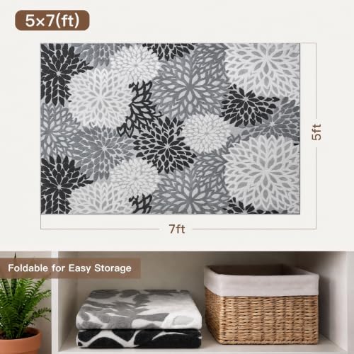 Arenarug 5x7 Grey White Black High-Low Plush Washable Area Rug - Floral Design