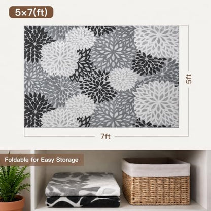 Arenarug 5x7 Grey White Black High-Low Plush Washable Area Rug - Floral Design