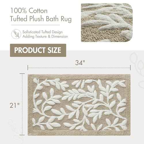 Madison Park Serene 100% Cotton Tufted Bathroom Rug - High & Low Tufting Floral Leaf Design, Quality Luxurious Plush Medium Pile Bath Mat Absorbent, Quick Dry, Shower Room D?cor, 21x34 Taupe