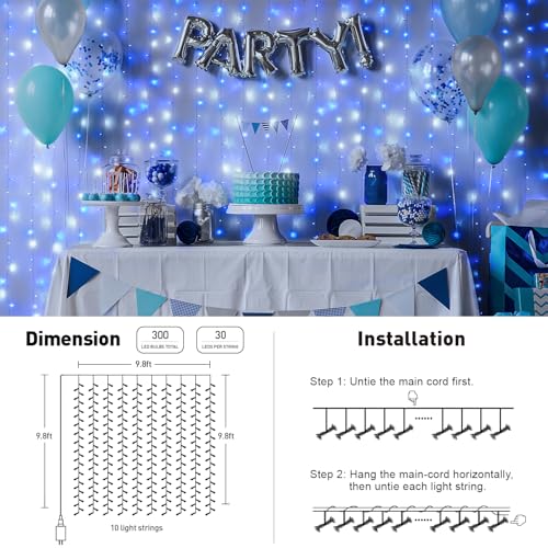 Blue and White Christmas Curtain Lights 300 LEDs 9.8x9.8ft with Remote