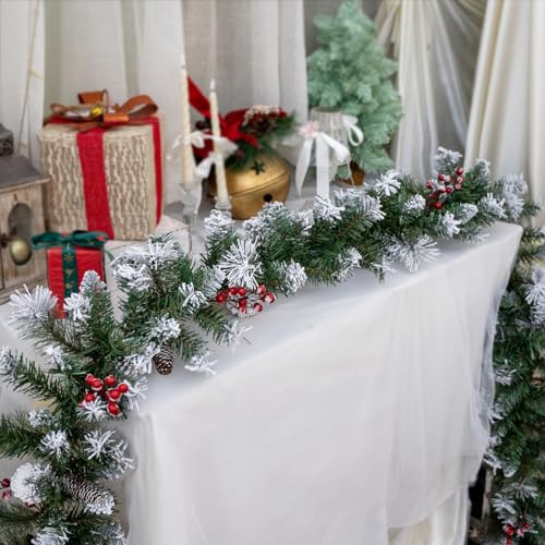 9FT Artificial Christmas Garland with Warm White Lights, Pine Cones & Red Berries