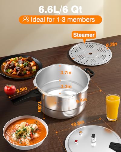 WantJoin 6 Qt Aluminum Pressure Cooker - Gas & Induction Compatible with Removable Steaming Rack