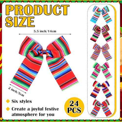 24 Pcs Christmas Mexican Serape Bows 5.5 Inch Christmas Mexican Ornaments Mexicano para Fiesta Colorful Rainbow Stripes Bowknots for Xmas Tree Gift Wrapping Wreath