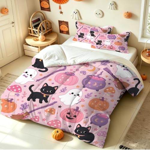 Pink Halloween Bedding Set 3-Piece Comforter & Pillowcases for Girls - Ghost & Cat Design, Full Variation