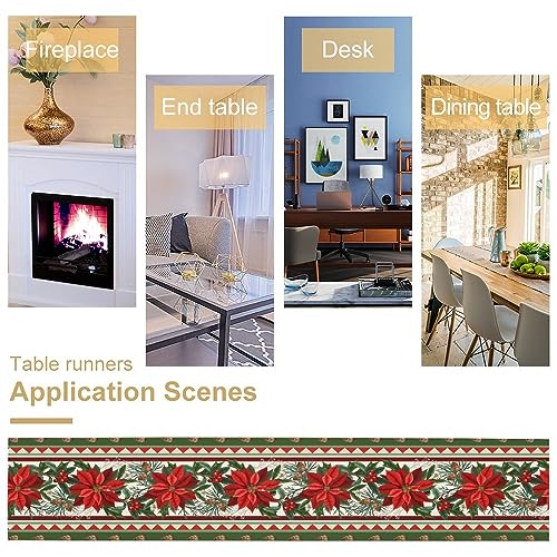 Christmas Table Runner 13x36 Inch Red Green Poinsettia Holly Pattern Holiday Decor W13"xL36"