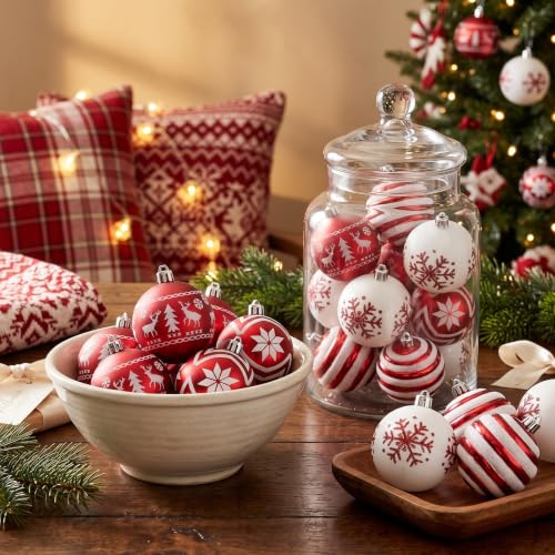 Valery Madelyn Red White Christmas Ornaments Set 24 pcs 2.36 Inch Tree Decorations
