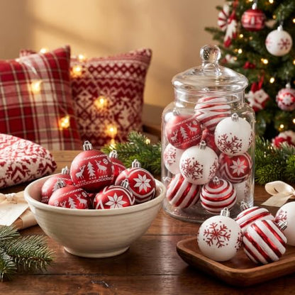 Valery Madelyn Red White Christmas Ornaments Set 24 pcs 2.36 Inch Tree Decorations