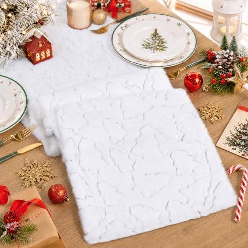 Silver Sequin Tree Christmas Table Runner Faux Fur 13x72 Inch - Holiday Decor