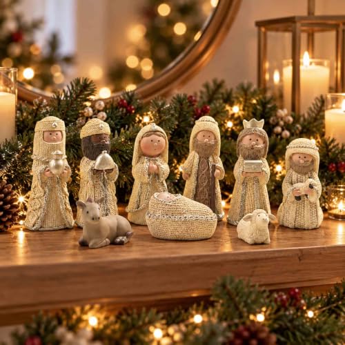 9 Piece Nativity Set with Knit-Look Resin Figures - Christmas Scene Decor