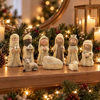 9 Piece Nativity Set with Knit-Look Resin Figures - Christmas Scene Decor