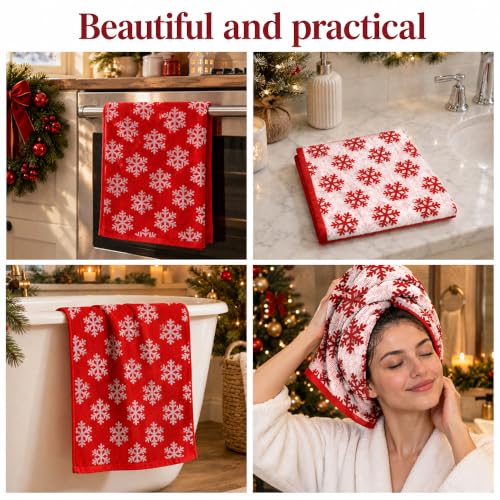 2pcs Christmas Snowflake Hand Towels Red White Seasonal Decor