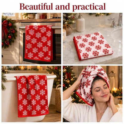 2pcs Christmas Snowflake Hand Towels Red White Seasonal Decor