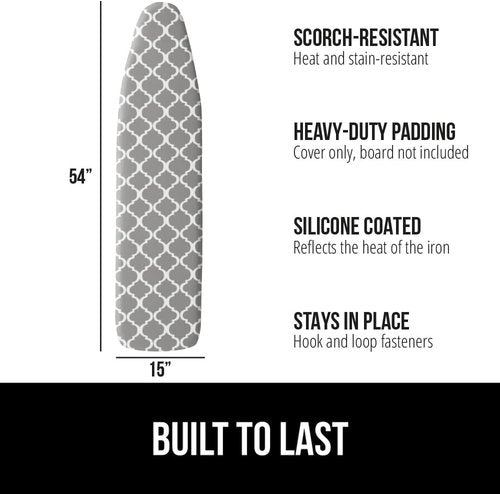 GORILLA GRIP The Original Ironing Board Cover and Pad, Silicone Coating, 400°F Scorch Resistant Thick Padding, Heavy Duty Iron Covers Standard Boards, Hook and Loop Fastener Strap, Quatrefoil 15x54