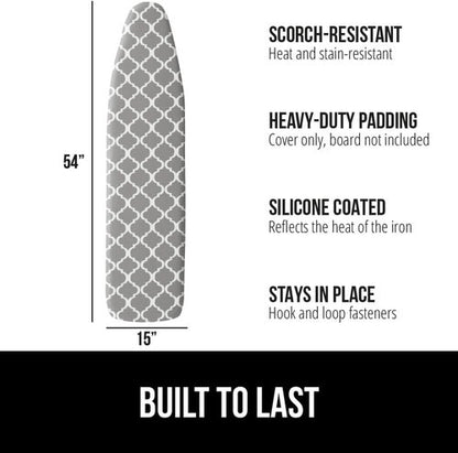 GORILLA GRIP The Original Ironing Board Cover and Pad, Silicone Coating, 400°F Scorch Resistant Thick Padding, Heavy Duty Iron Covers Standard Boards, Hook and Loop Fastener Strap, Quatrefoil 15x54