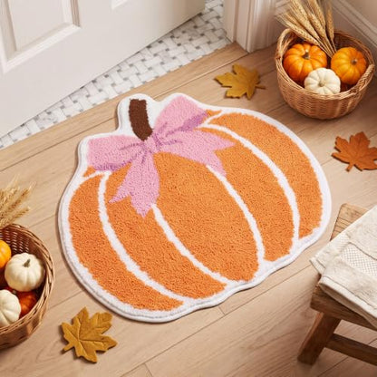 Fall Pumpkin Bath Rug with Pink Bow - Non Slip 23 Inch Bathroom Mat