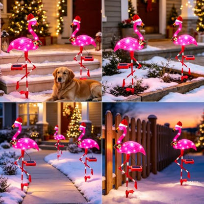 Pink Flamingo Solar Christmas Yard Decorations - 2 Pack Outdoor Lights