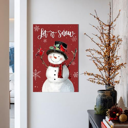 Snowman Christmas Wall Art Let It Snow Red Canvas 24x36 Inches - Holiday Decor