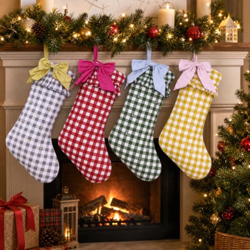 Christmas Gingham Stockings with Bow Set - 18 Inch Holiday Decor, Red, Green, Yellow & Gray