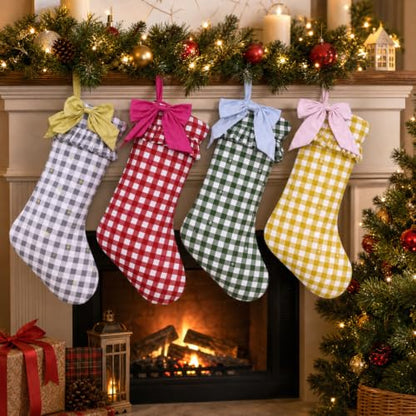 Christmas Gingham Stockings with Bow Set - 18 Inch Holiday Decor, Red, Green, Yellow & Gray