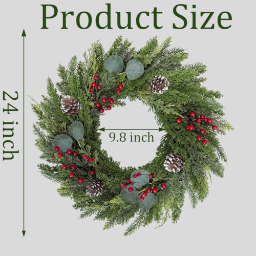Christmas Wreath 24 Inch with Cedar Pine Foliage, Red Berries & 8-Function LED Lights - Red Green / 1 Pcs