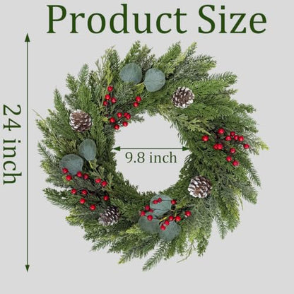 Christmas Wreath 24 Inch with Cedar Pine Foliage, Red Berries & 8-Function LED Lights - Red Green / 1 Pcs