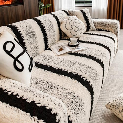 Black 1 Seater Cotton Velvet Sofa Cover - Thickened Stretch Couch Protector