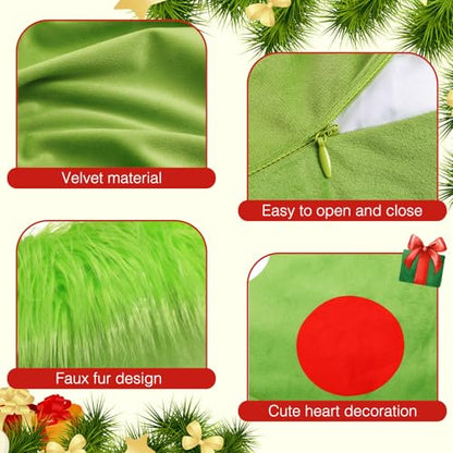 Christmas Green Faux Fur Pillow Covers Set - 18x18 Inches, Vivid