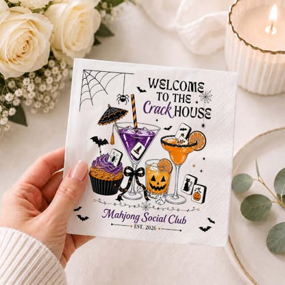 Personalized Halloween Mahjong Cocktail Napkins - Spooky Bat & Mahjong Party Decor