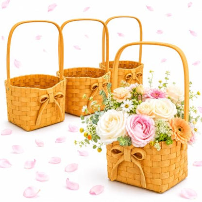 Small Flower Girl Basket Set - Wooden Wedding Baskets with Handle, 4 Pack