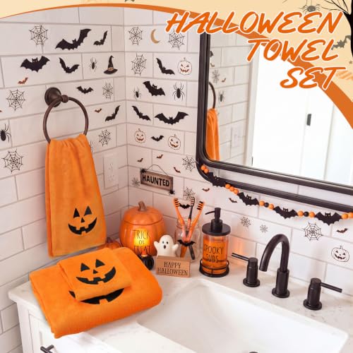 Halloween Towels Set - 3 Pcs Embroidered Pumpkin Face Orange Bathroom Decor