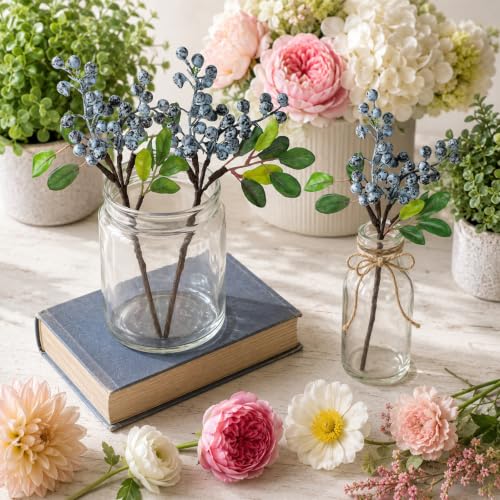 Fake Blueberries with Natural Stems - 3 Pack Artificial Blueberry Decor