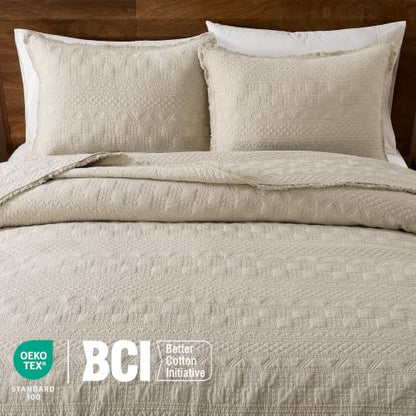 WDCOZY 100% Cotton Queen Size Quilt Set with Boho Fringe Geometric Stitch Beige - Queen (90x96)