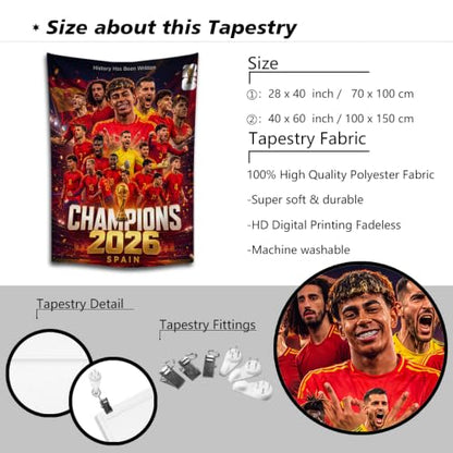 Spain 2026 Soccer Championship Tapestry Wall Hanging for Kids & Fans Gt2 / 39"L x 59"W