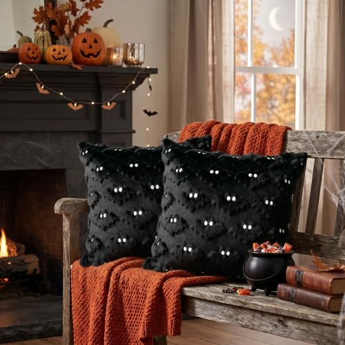 Halloween Pillow Covers 18x18 Inch - Black Bat Embroidery, Pack of 2 - Variation: Black1