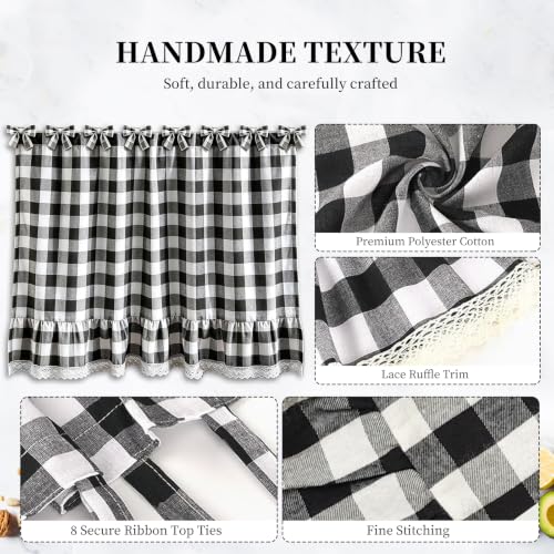 Black and White Check Oven Skirt Curtain with Lace Trim - 30x21 Inch, Variation of Black and White Check