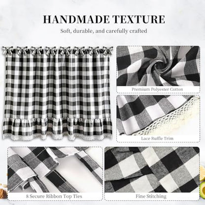 Black and White Check Oven Skirt Curtain with Lace Trim - 30x21 Inch, Variation of Black and White Check
