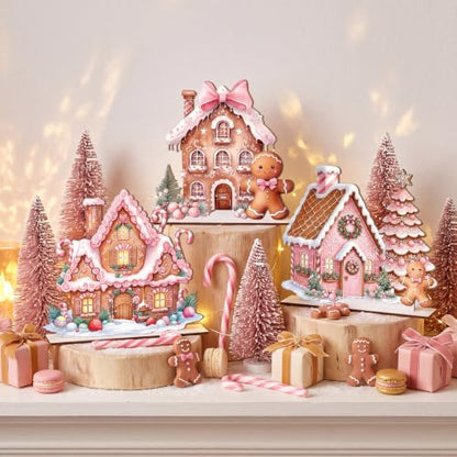 Pink Gingerbread Christmas Decor Candy House Village Set - 12 Pieces, Seasonal Tabletop Display