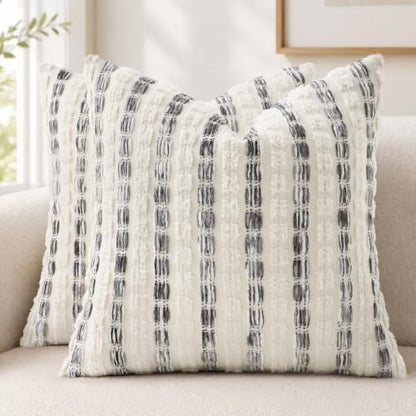 DecorUhome Grey & Cream Chenille Tufted Stripe Throw Pillow Covers 18x18 Set of 2