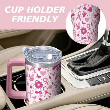 Cancer2 30oz Breast Cancer Awareness Stainless Steel Tumbler with Handle & Straw - Pink Ribbon Mug for Women & Survivors