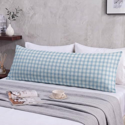 Plaid Blue Cotton Body Pillow Cover 20 x 54 Inches - Breathable & Soft Bedding