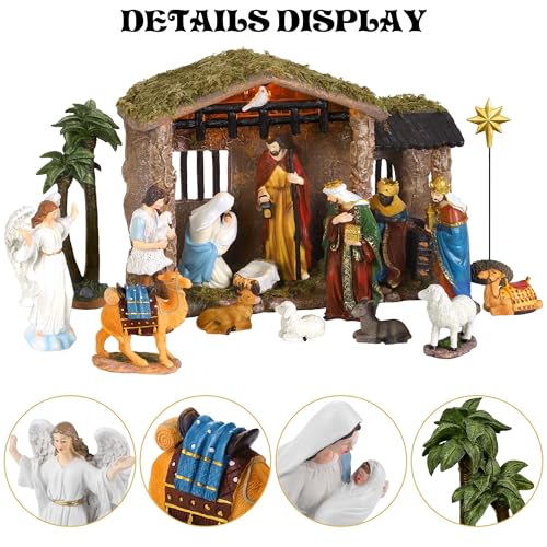 Fovths 7 Inch Lighted Nativity Stable Manger Figurine Set - 17 Pieces for Christmas Decor