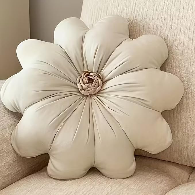 Beige Floral Dutch Velvet Pillow Cushion for Sofa and Bed - Soft Lumbar Support