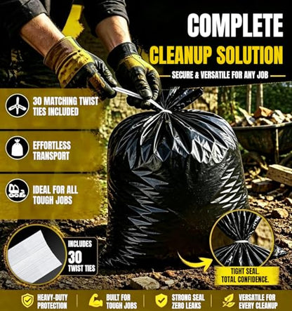 55 Gallon Heavy Duty Contractor Garbage Bags 2 Mil Thick - Black, 30 Count