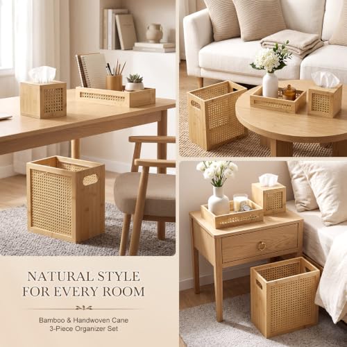 Wicker Bathroom Accessories Set with Trash Can, Tissue Box & Tray - Rustic Rattan Decor