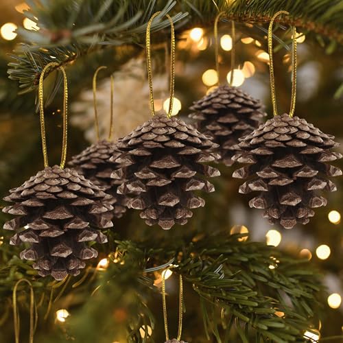 50 Pack Natural Pine Cones for Crafts and Holiday Decor - 1.96 Inches with Gold String - Rustic Christmas Ornaments & Table Decorations