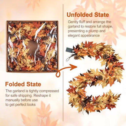6FT Fall Garland with 30 Warm Lights, Timer, Gradient Maple Leaves - Vintage Autumn
