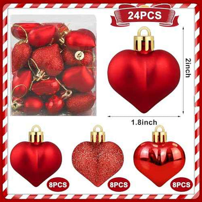 24 PCS Heart Shaped Ornament for Christmas Tree Red Heart Hanging Ornament Multi Finish Hearts Plastic Baubles Xmas Tree Hanging Decoration for Valentines Anniversary Party Decor