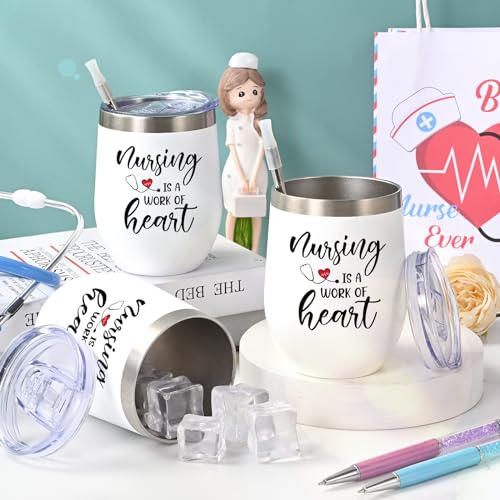 White Insulated Wine Tumbler Set of 6 Nurse Appreciation Gifts with Key Chains
